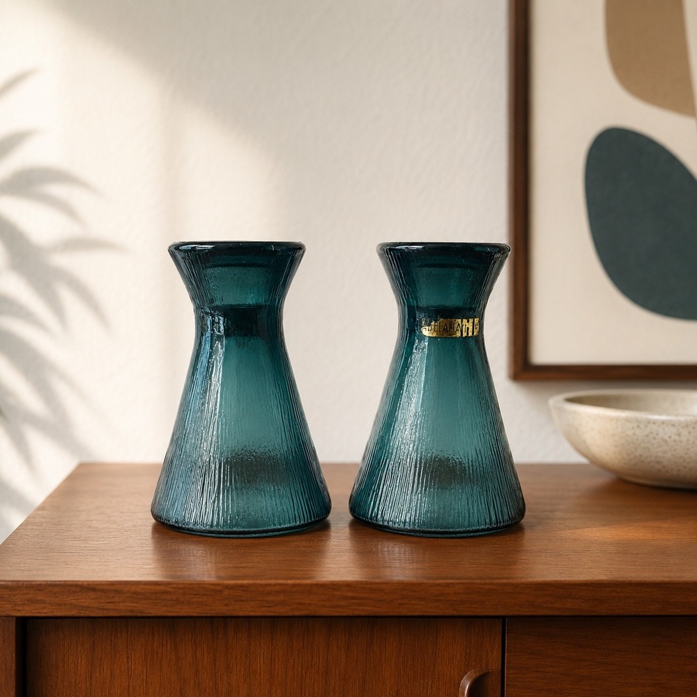 Hadeland Glassverk Norwegian Optic Glass Candlesticks Pair